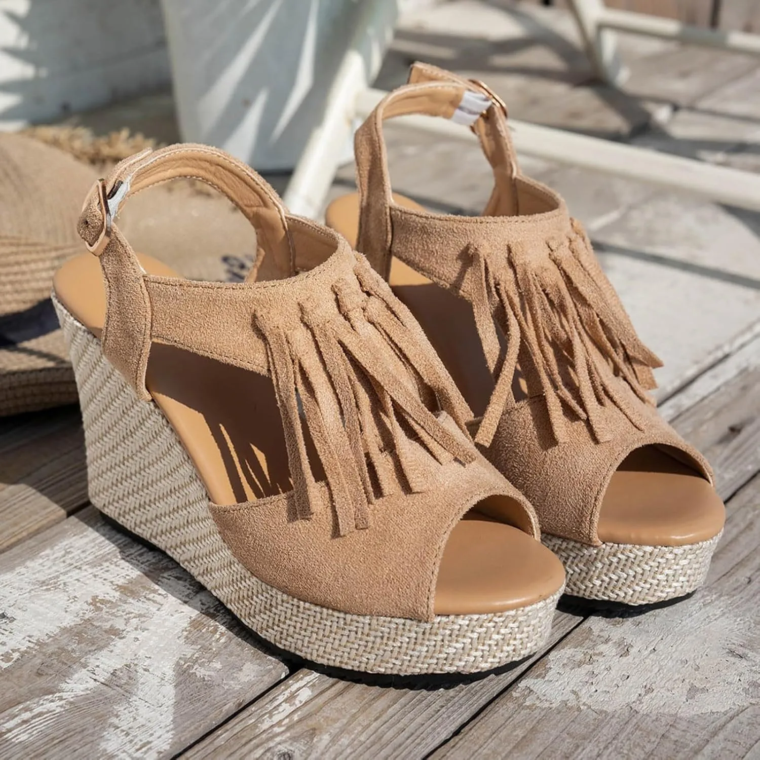 Women Summer Tassels Woven Wedge Sandals 2025 Casual Thick Soled Fish Mouth High Heels Sandal Outdoor Lightweight Comfortable Fashion Casual Arch Support Sandals for Beach Walking Vacation