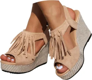 Women Summer Tassels Woven Wedge Sandals 2025 Casual Thick Soled Fish Mouth High Heels Sandal Outdoor Lightweight Comfortable Fashion Casual Arch Support Sandals for Beach Walking Vacation