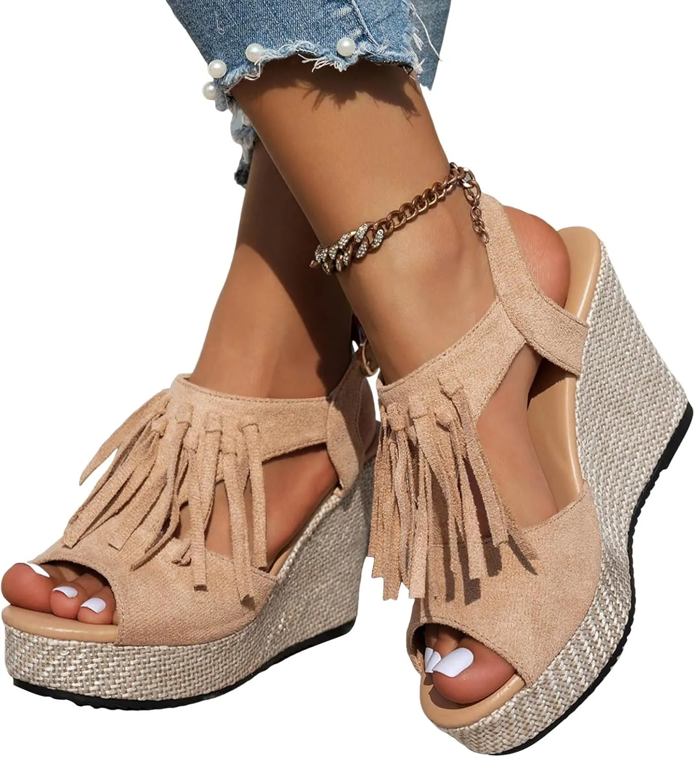 Women Summer Tassels Woven Wedge Sandals 2025 Casual Thick Soled Fish Mouth High Heels Sandal Outdoor Lightweight Comfortable Fashion Casual Arch Support Sandals for Beach Walking Vacation