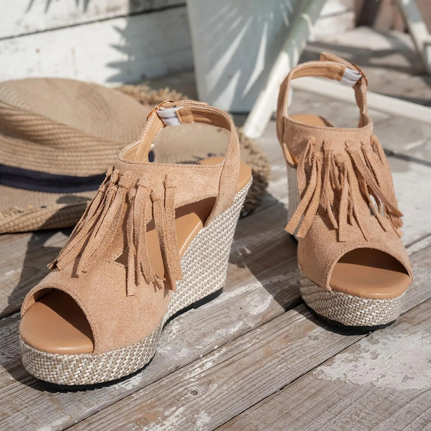 Women Summer Tassels Woven Wedge Sandals 2025 Casual Thick Soled Fish Mouth High Heels Sandal Outdoor Lightweight Comfortable Fashion Casual Arch Support Sandals for Beach Walking Vacation