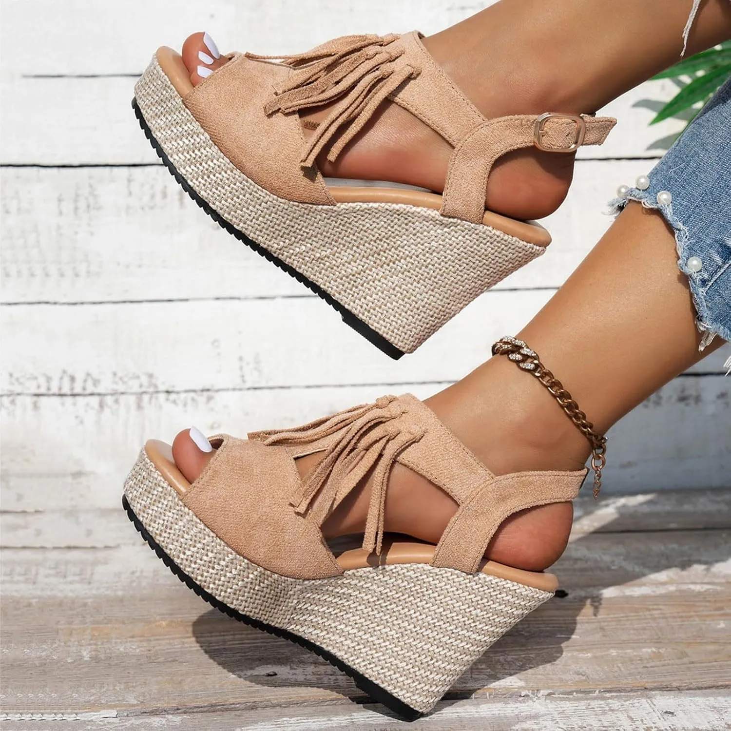 Women Summer Tassels Woven Wedge Sandals 2025 Casual Thick Soled Fish Mouth High Heels Sandal Outdoor Lightweight Comfortable Fashion Casual Arch Support Sandals for Beach Walking Vacation