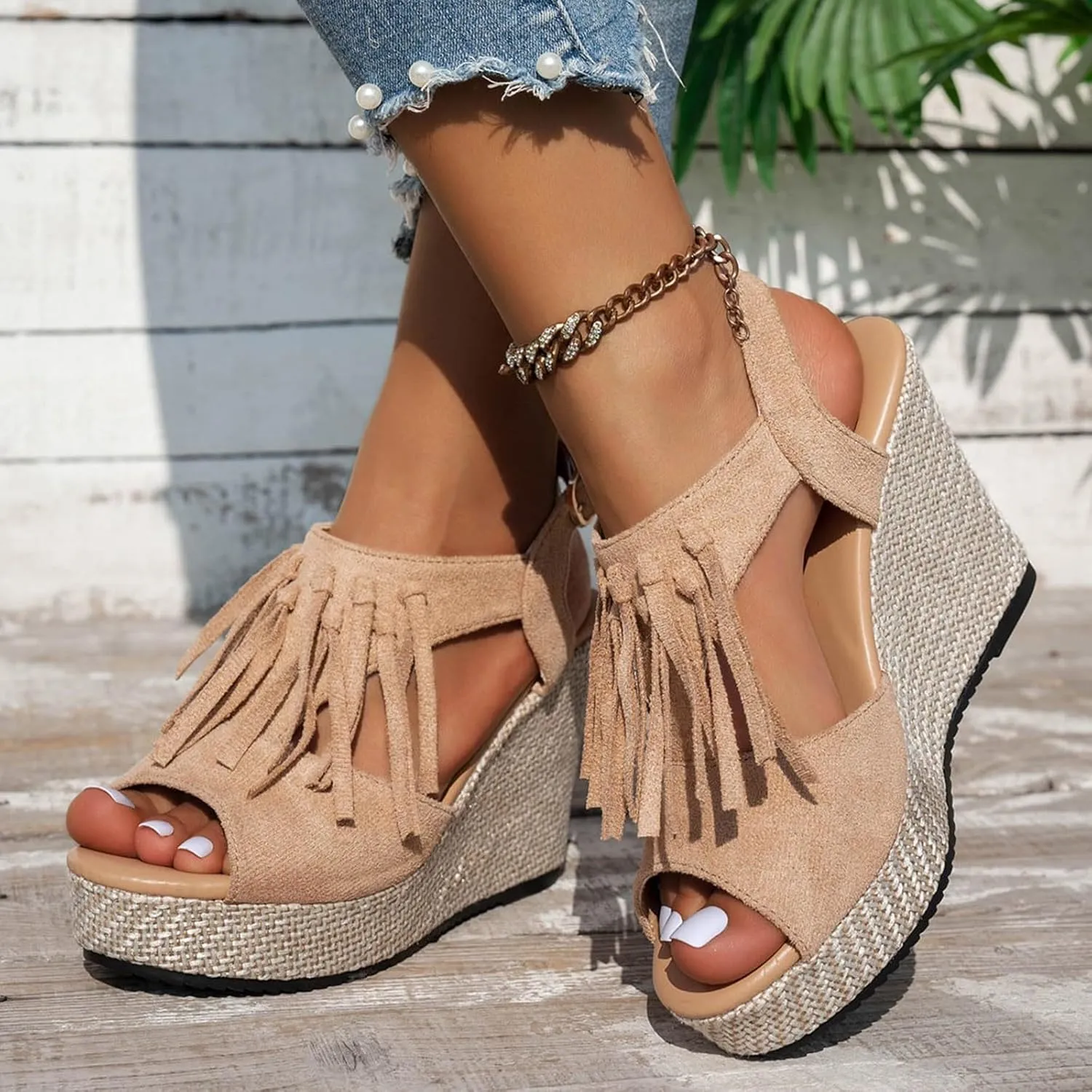 Women Summer Tassels Woven Wedge Sandals 2025 Casual Thick Soled Fish Mouth High Heels Sandal Outdoor Lightweight Comfortable Fashion Casual Arch Support Sandals for Beach Walking Vacation