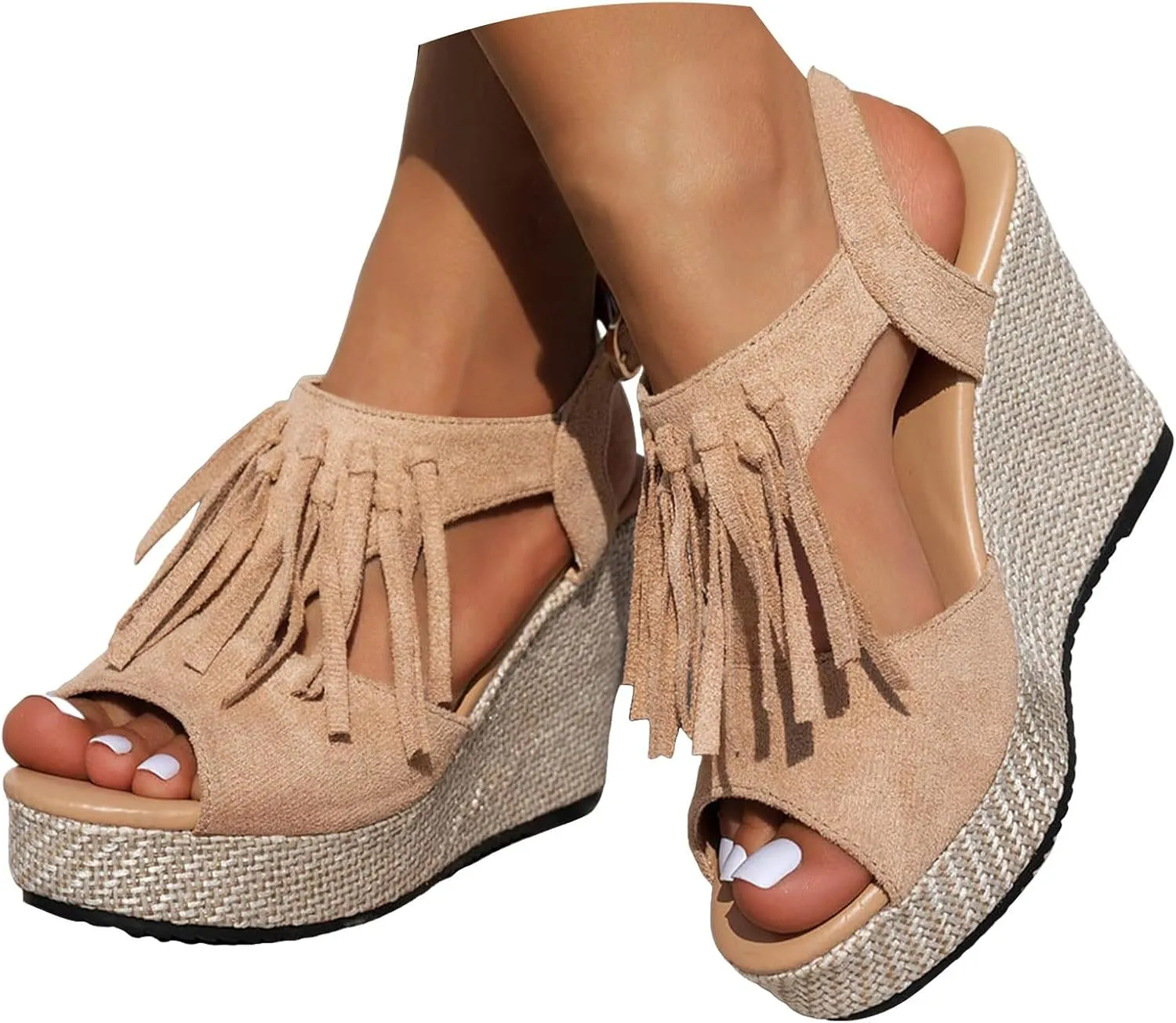 Women Summer Tassels Woven Wedge Sandals 2025 Casual Thick Soled Fish Mouth High Heels Sandal Outdoor Lightweight Comfortable Fashion Casual Arch Support Sandals for Beach Walking Vacation