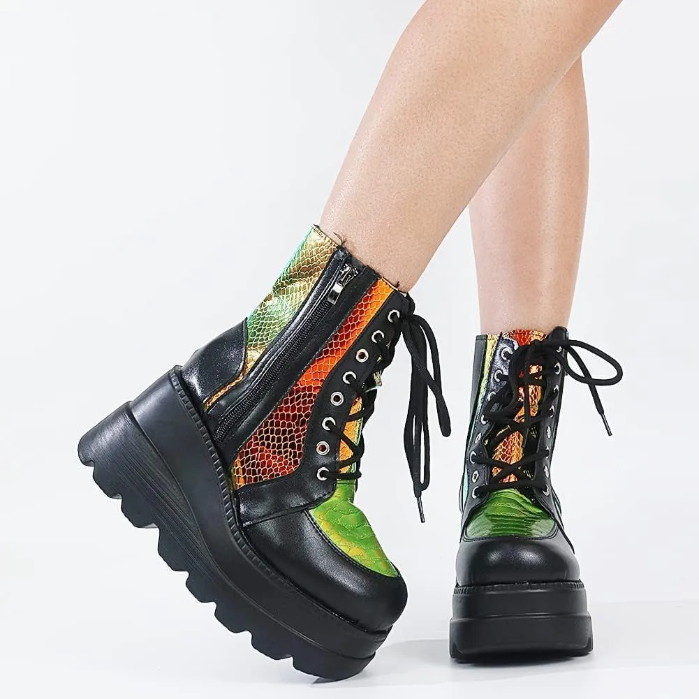 Women Wedge Ankle Boots Lace-Up Zip Round Toe High Heels Goth Combat Booties Chunky Heel Platform Motorcycle Boots