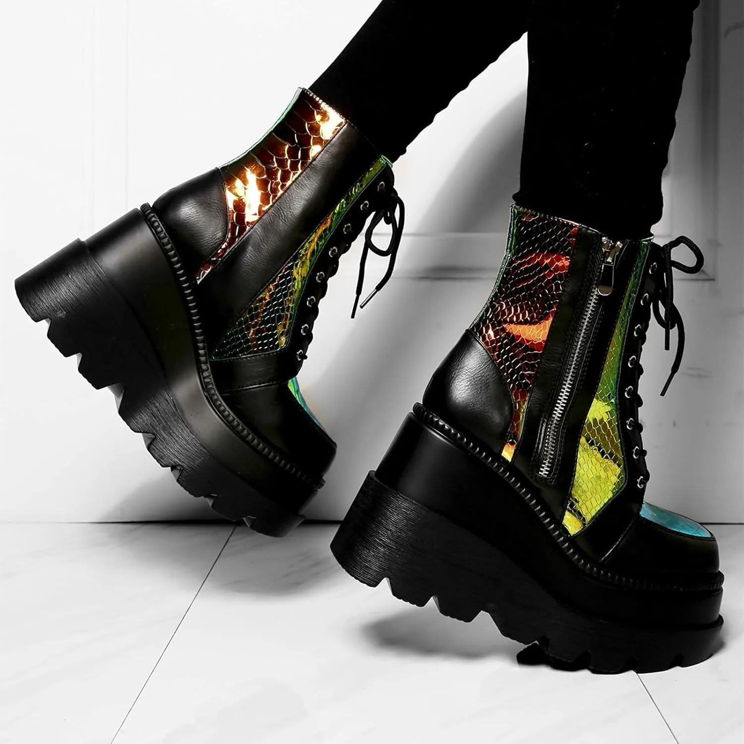 Women Wedge Ankle Boots Lace-Up Zip Round Toe High Heels Goth Combat Booties Chunky Heel Platform Motorcycle Boots