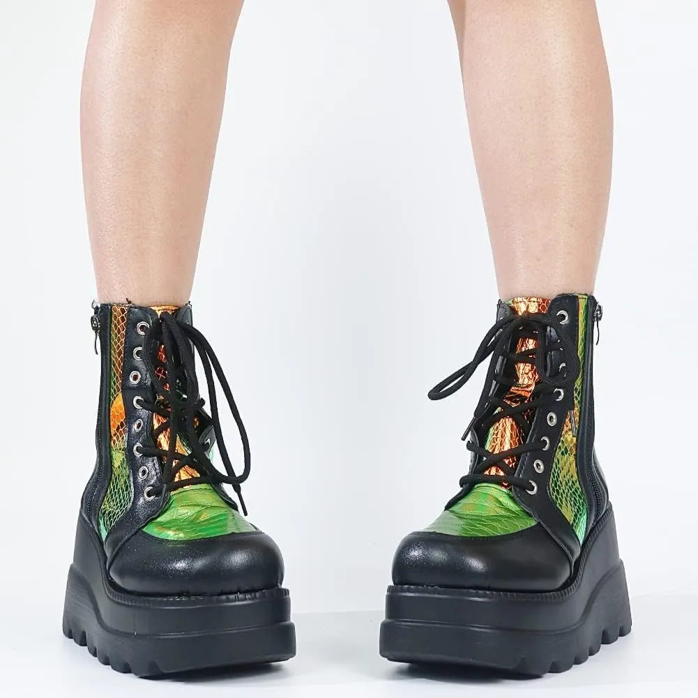Women Wedge Ankle Boots Lace-Up Zip Round Toe High Heels Goth Combat Booties Chunky Heel Platform Motorcycle Boots