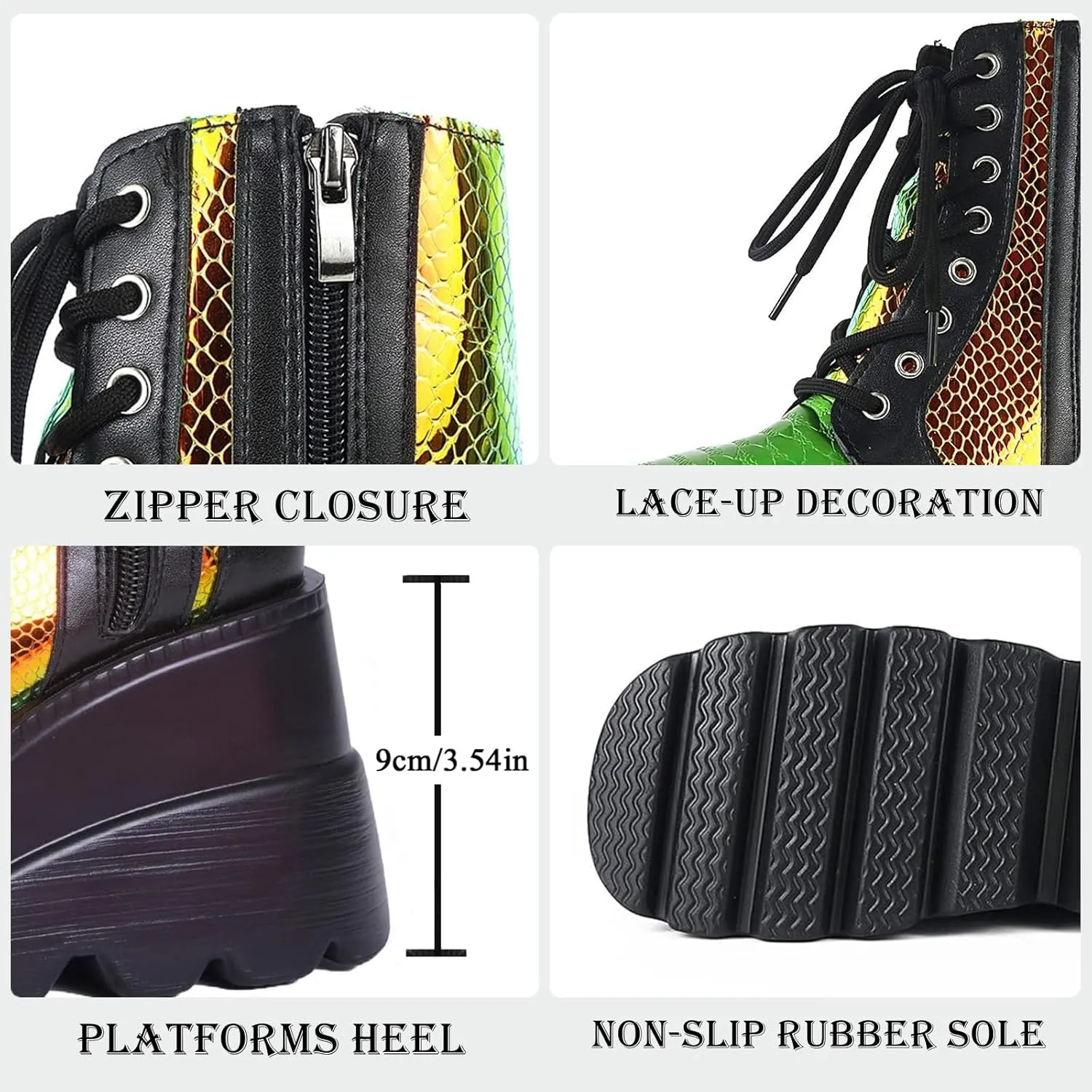 Women Wedge Ankle Boots Lace-Up Zip Round Toe High Heels Goth Combat Booties Chunky Heel Platform Motorcycle Boots