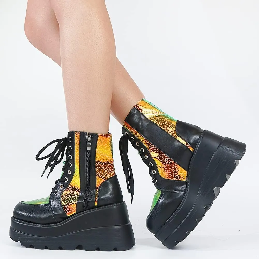 Women Wedge Ankle Boots Lace-Up Zip Round Toe High Heels Goth Combat Booties Chunky Heel Platform Motorcycle Boots
