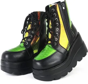 Women Wedge Ankle Boots Lace-Up Zip Round Toe High Heels Goth Combat Booties Chunky Heel Platform Motorcycle Boots
