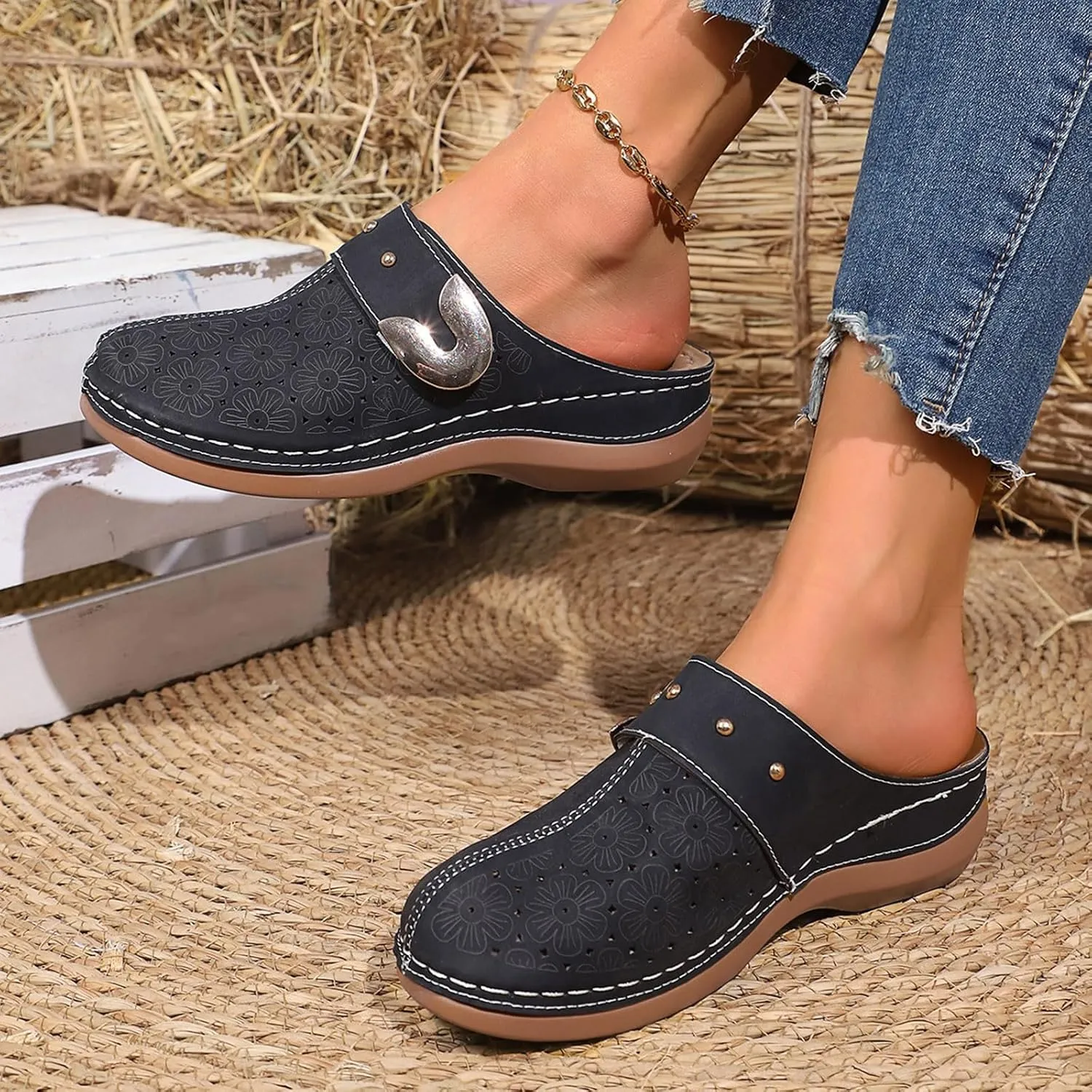 Women Wedge Sandals with Arch Support Close Toe Clogs Summer Slip On Orthopedic Sandals Fashion Slingback Mules