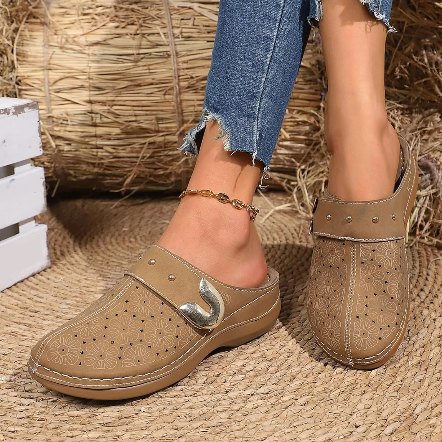 Women Wedge Sandals with Arch Support Close Toe Clogs Summer Slip On Orthopedic Sandals Fashion Slingback Mules