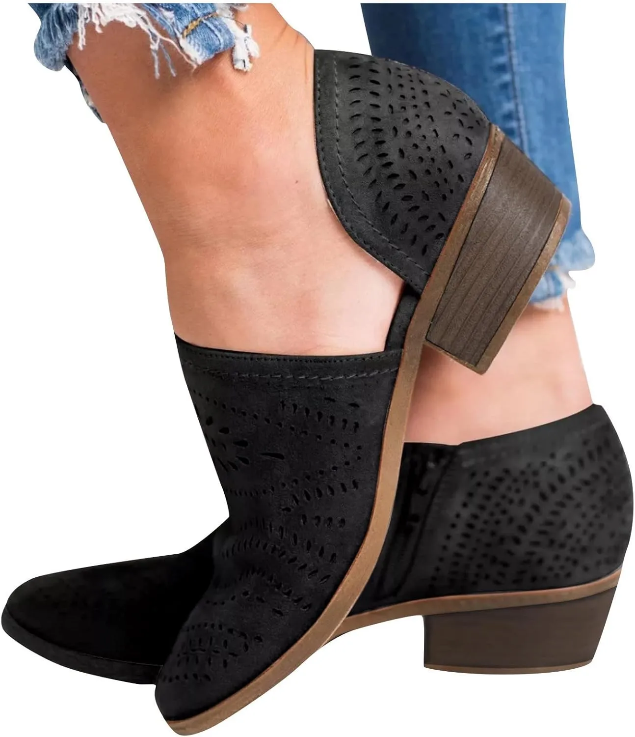 Women's 2025 Summer Casual Cutout Sandals Boho Fashion Round Toe Hollow Out V Cut Slip On Chunky Mid Heels Booties Slip On Bohemian Walking Beach Travel Sandals Shoes