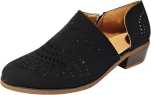 Women's 2025 Summer Casual Cutout Sandals Boho Fashion Round Toe Hollow Out V Cut Slip On Chunky Mid Heels Booties Slip On Bohemian Walking Beach Travel Sandals Shoes