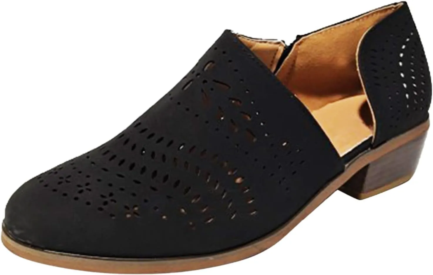 Women's 2025 Summer Casual Cutout Sandals Boho Fashion Round Toe Hollow Out V Cut Slip On Chunky Mid Heels Booties Slip On Bohemian Walking Beach Travel Sandals Shoes