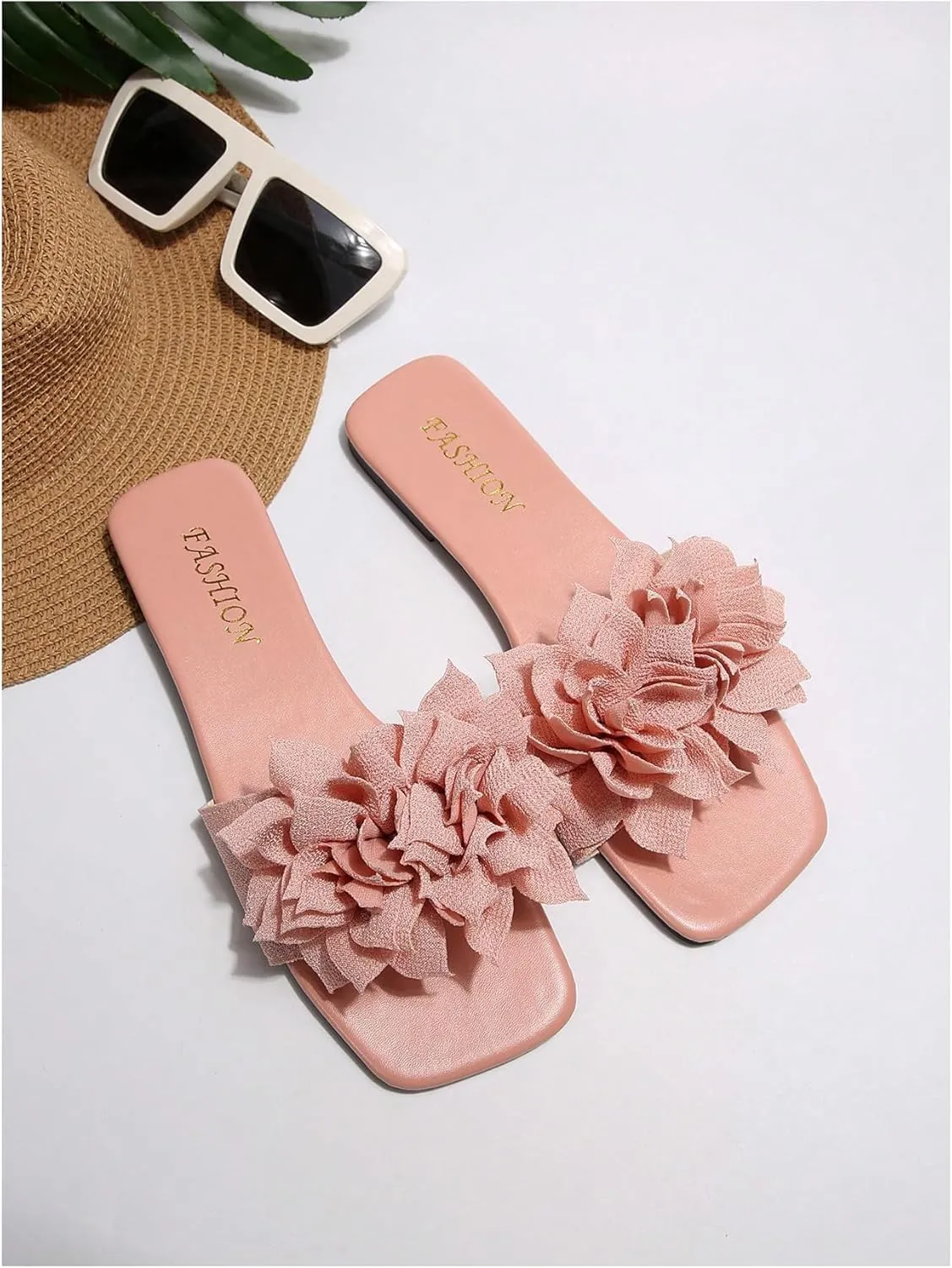 Women's 3D Floral Flat Sandals Dressy Square Open Toe Sandals Single Band Casual Slip on Slides