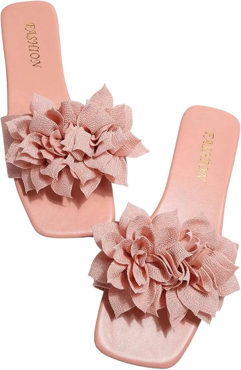 Women's 3D Floral Flat Sandals Dressy Square Open Toe Sandals Single Band Casual Slip on Slides