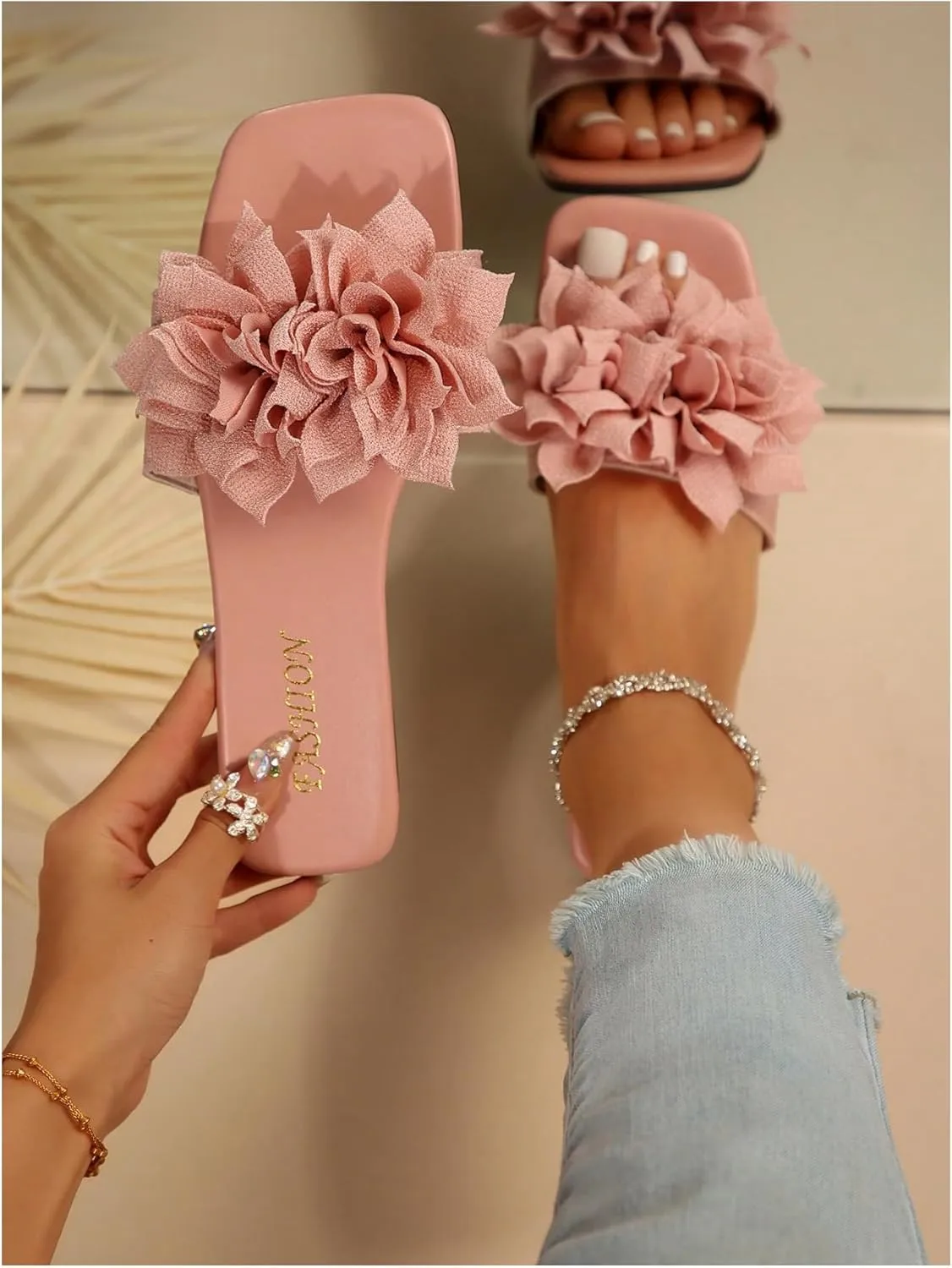 Women's 3D Floral Flat Sandals Dressy Square Open Toe Sandals Single Band Casual Slip on Slides