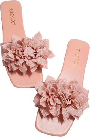 Women's 3D Floral Flat Sandals Dressy Square Open Toe Sandals Single Band Casual Slip on Slides