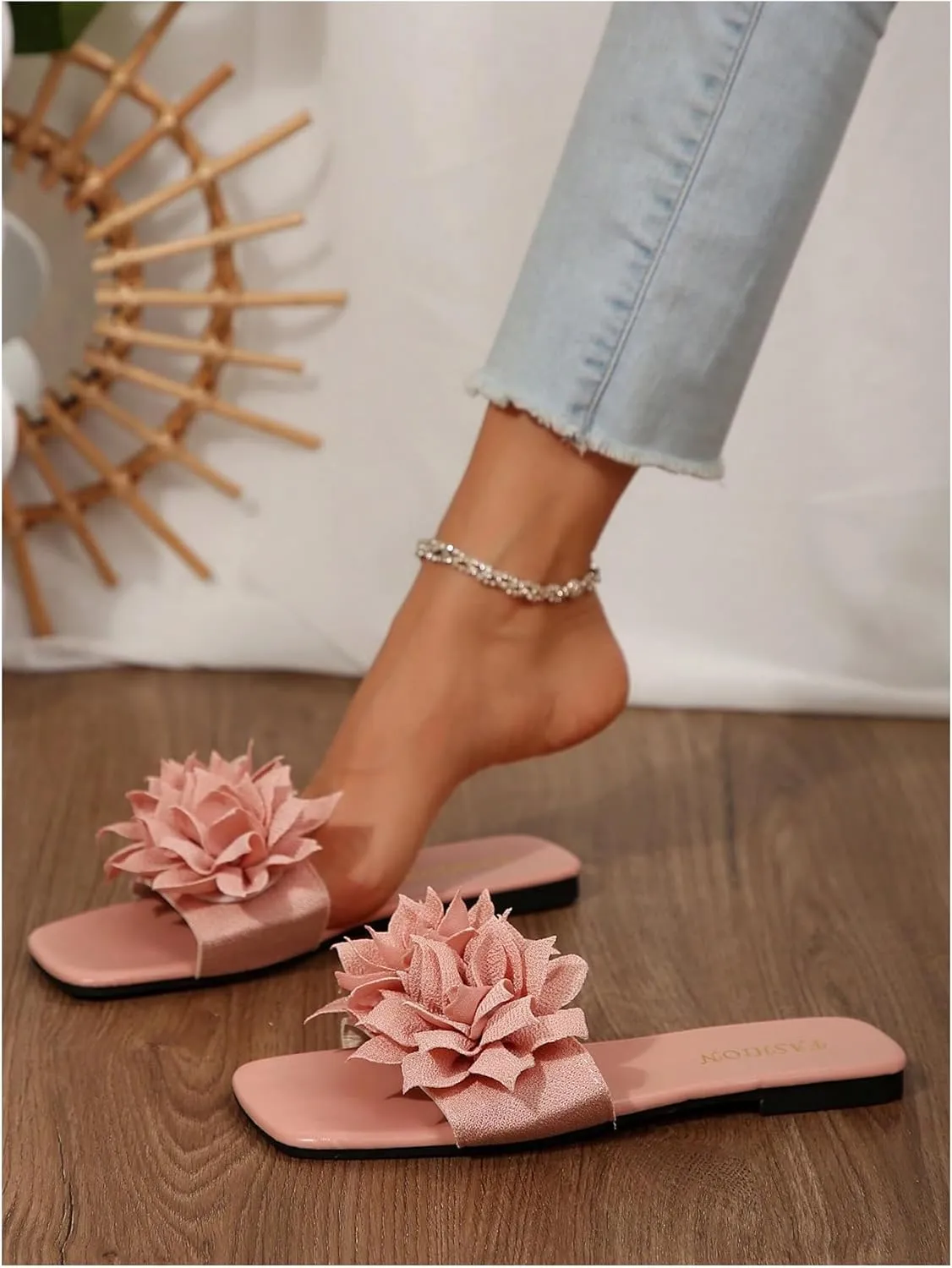 Women's 3D Floral Flat Sandals Dressy Square Open Toe Sandals Single Band Casual Slip on Slides