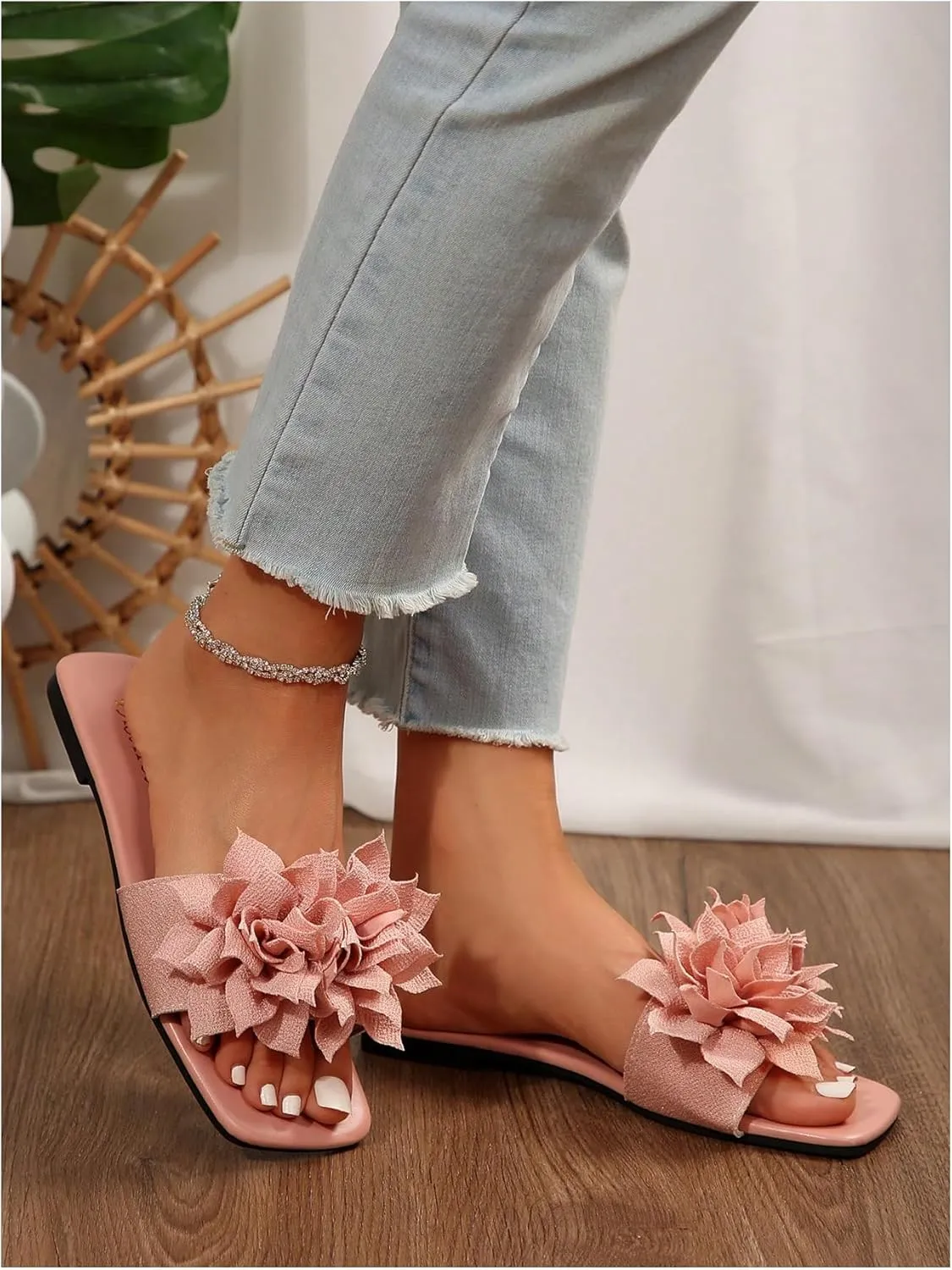 Women's 3D Floral Flat Sandals Dressy Square Open Toe Sandals Single Band Casual Slip on Slides
