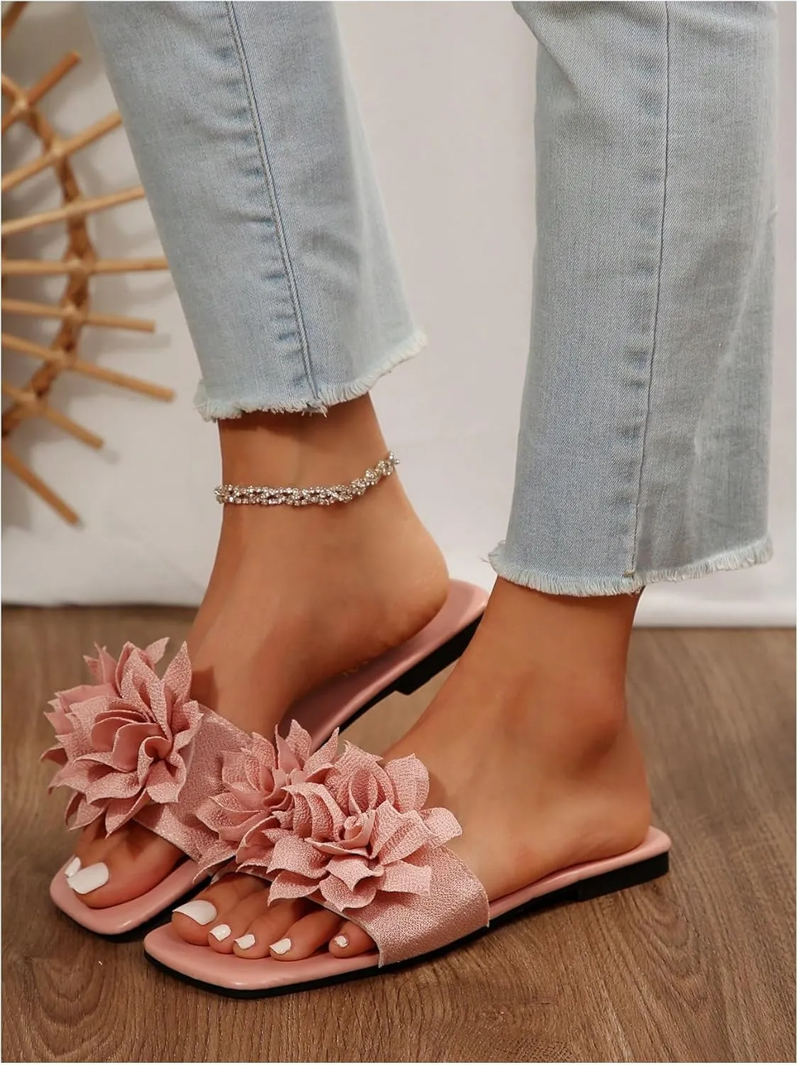 Women's 3D Floral Flat Sandals Dressy Square Open Toe Sandals Single Band Casual Slip on Slides