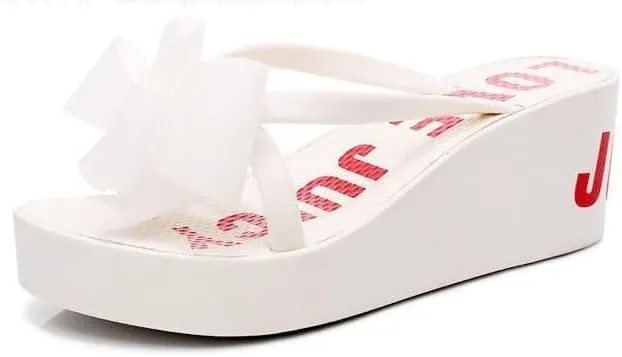 Womens Bowtie Platform Wedge Flip Flops Chunky High Heel Sandals Slip on Anti-Slip Summer Beach Sandal