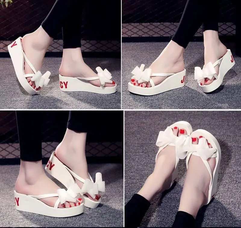 Womens Bowtie Platform Wedge Flip Flops Chunky High Heel Sandals Slip on Anti-Slip Summer Beach Sandal