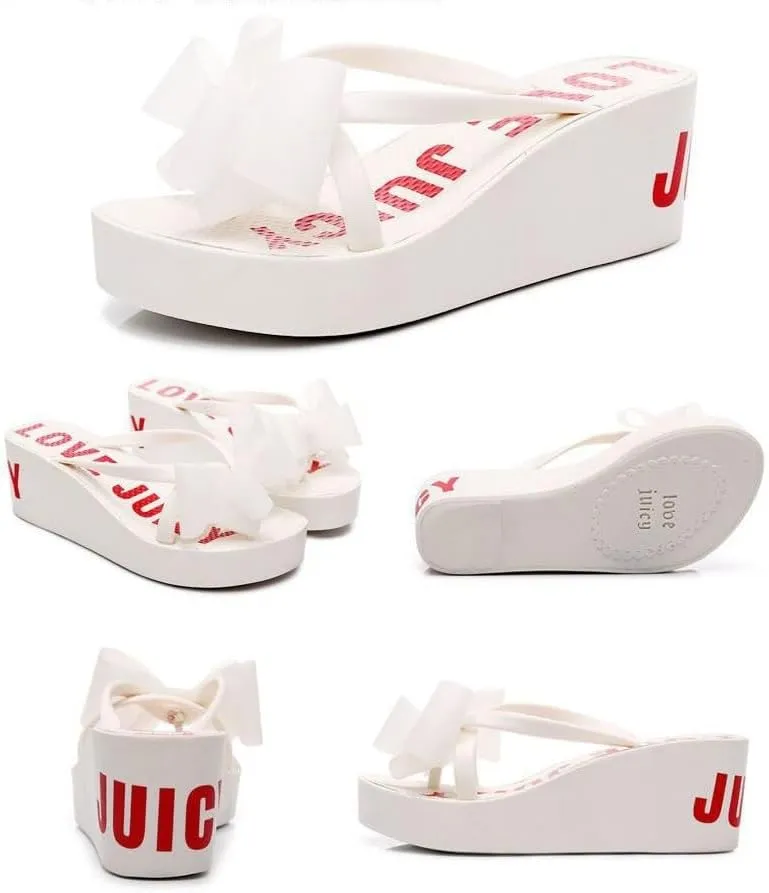 Womens Bowtie Platform Wedge Flip Flops Chunky High Heel Sandals Slip on Anti-Slip Summer Beach Sandal
