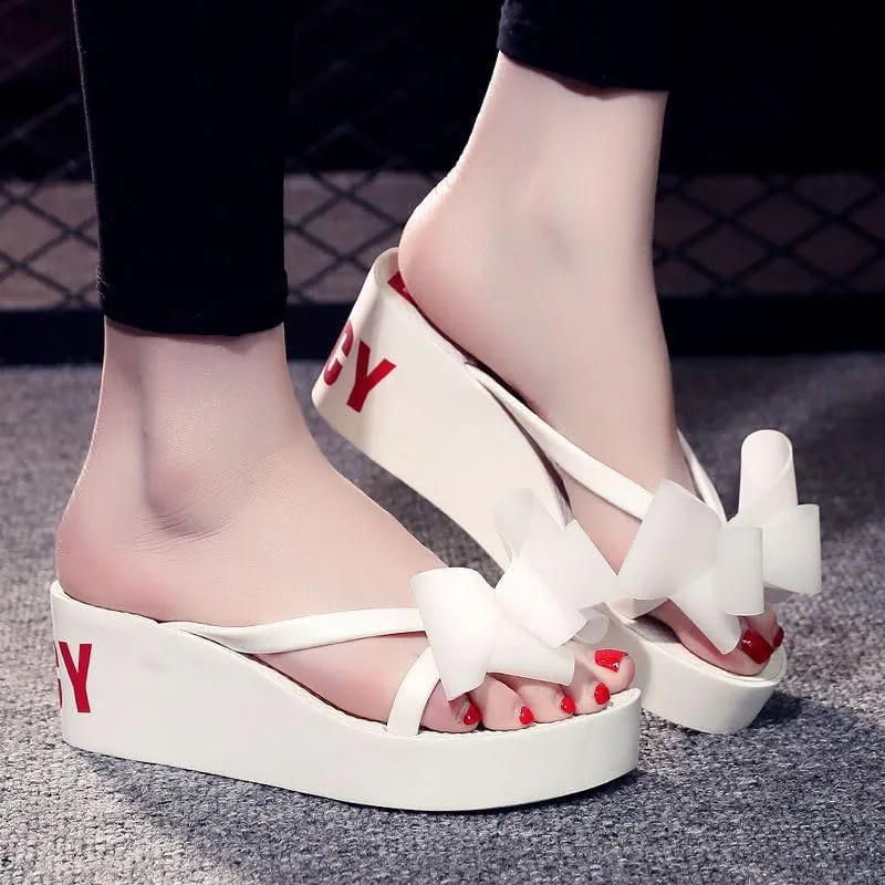 Womens Bowtie Platform Wedge Flip Flops Chunky High Heel Sandals Slip on Anti-Slip Summer Beach Sandal