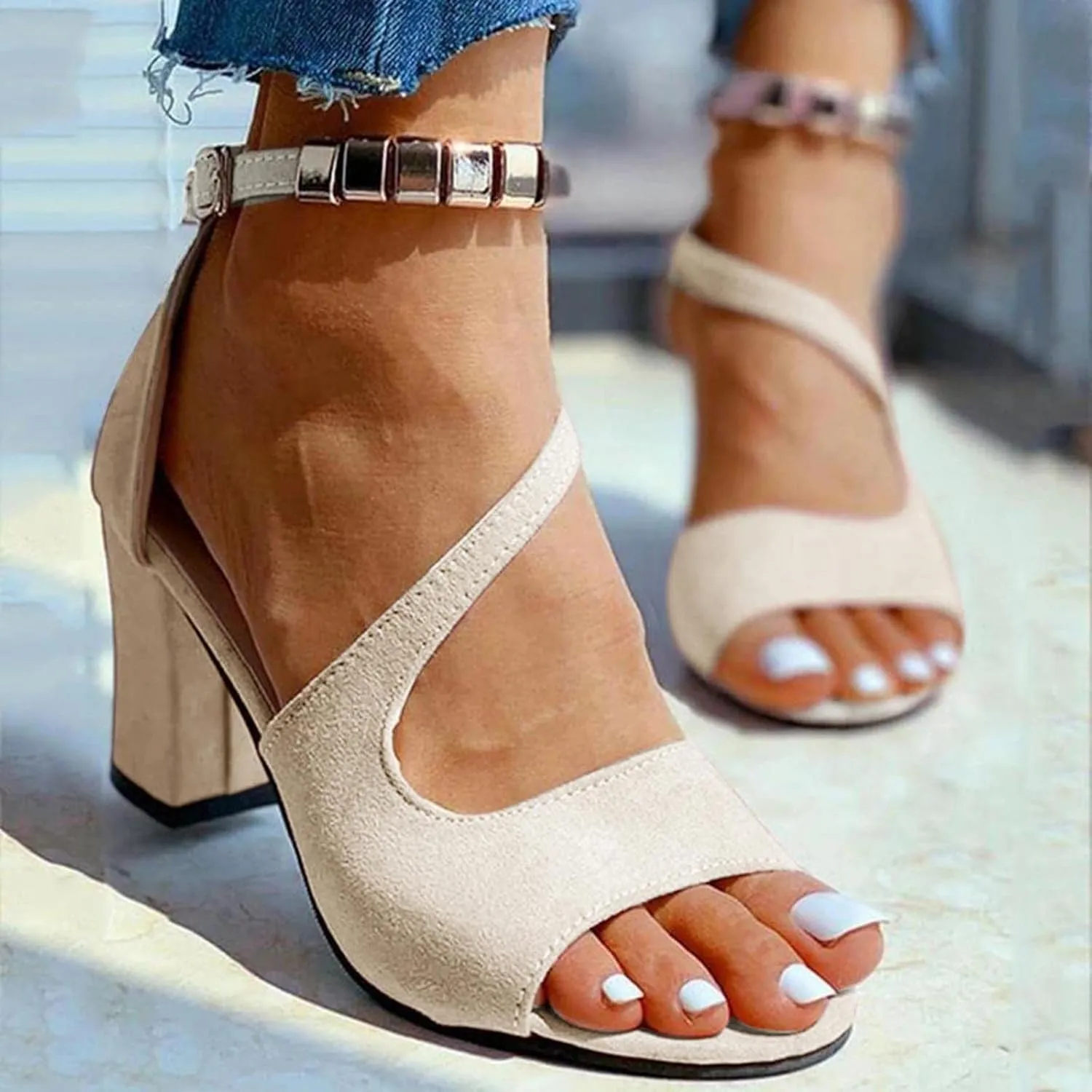 Womens Buckle Strap Chunky Sandals Summer Casual Fish Mouth Peep Toe Beaded Hollow Thick High Heels Sandalias Novelty Comfy Outdoor Ladies Shoes