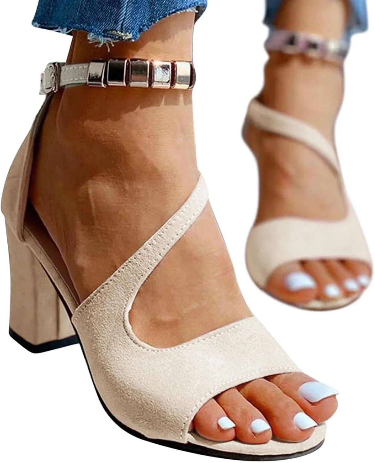 Womens Buckle Strap Chunky Sandals Summer Casual Fish Mouth Peep Toe Beaded Hollow Thick High Heels Sandalias Novelty Comfy Outdoor Ladies Shoes