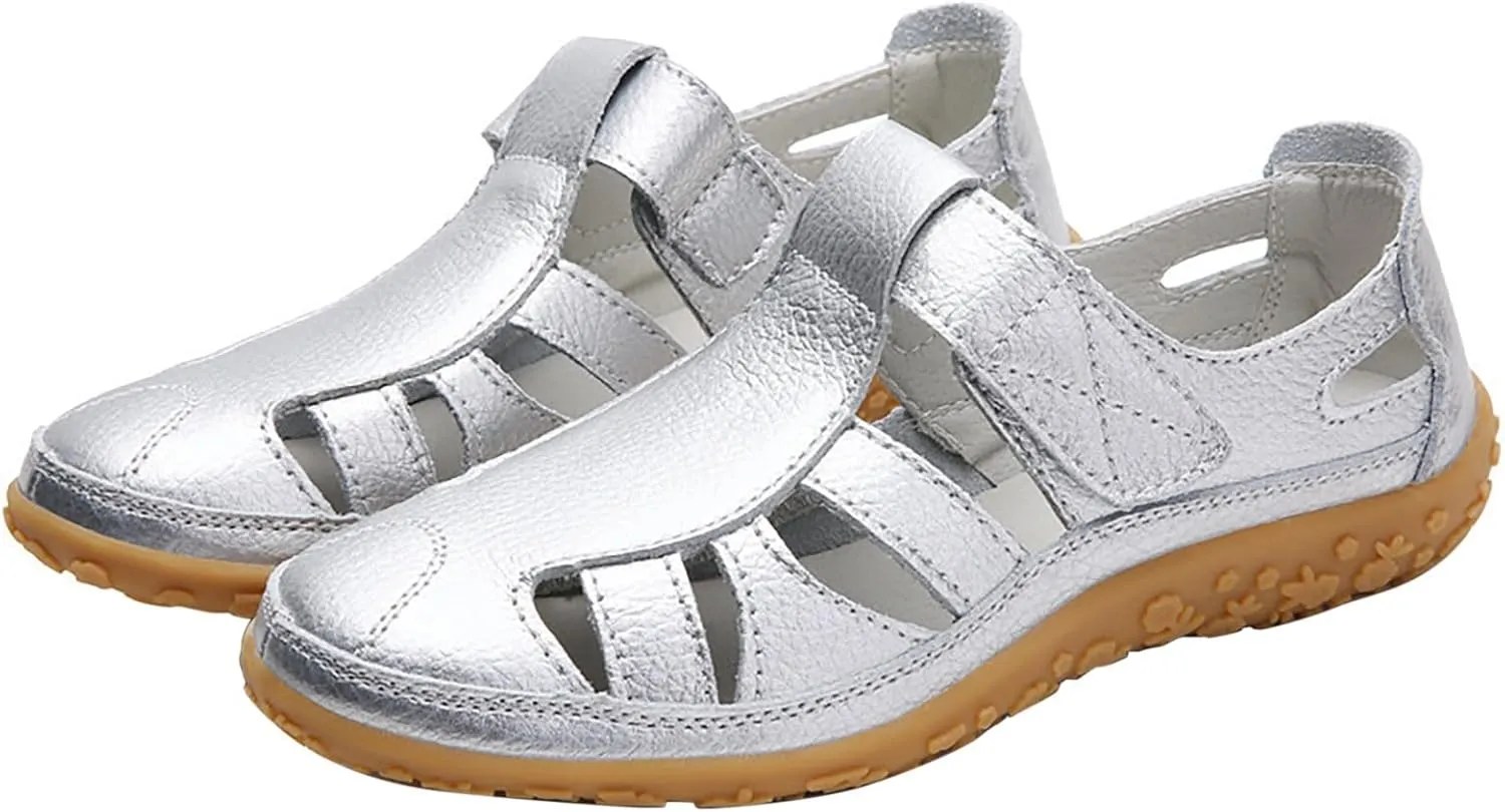 Women's Casual Boho Sandals Summer Leather Comfort Closed Toe Ankle Strap Beach Shoes Soft Sole Orthopedic Sandals