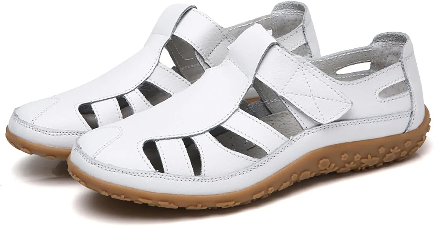 Women's Casual Boho Sandals Summer Leather Comfort Closed Toe Ankle Strap Beach Shoes Soft Sole Orthopedic Sandals