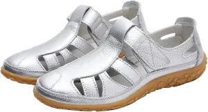 Women's Casual Boho Sandals Summer Leather Comfort Closed Toe Ankle Strap Beach Shoes Soft Sole Orthopedic Sandals