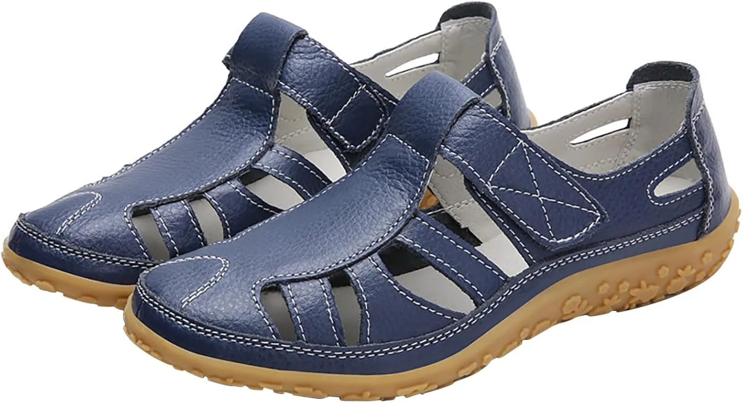Women's Casual Boho Sandals Summer Leather Comfort Closed Toe Ankle Strap Beach Shoes Soft Sole Orthopedic Sandals