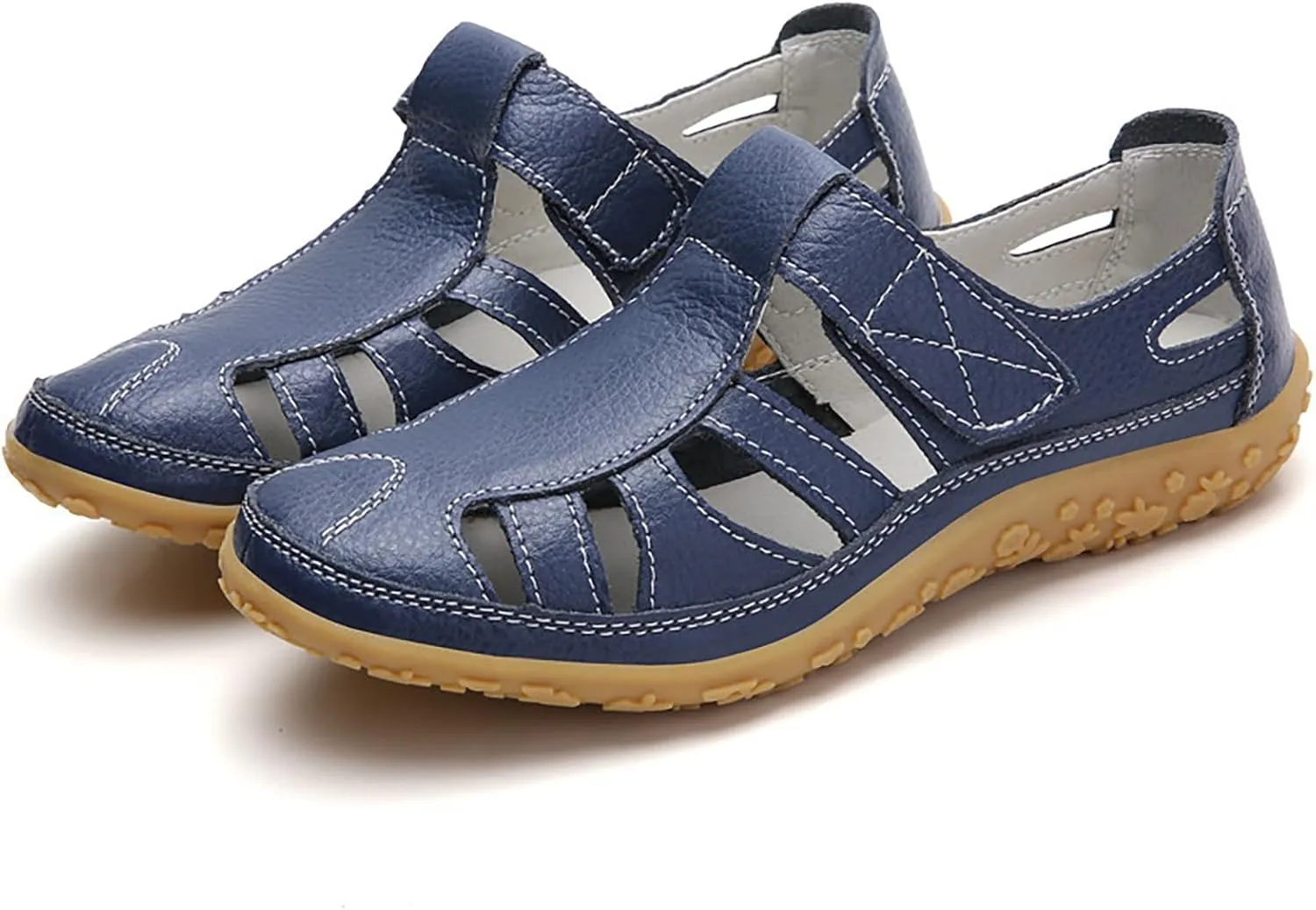 Women's Casual Boho Sandals Summer Leather Comfort Closed Toe Ankle Strap Beach Shoes Soft Sole Orthopedic Sandals