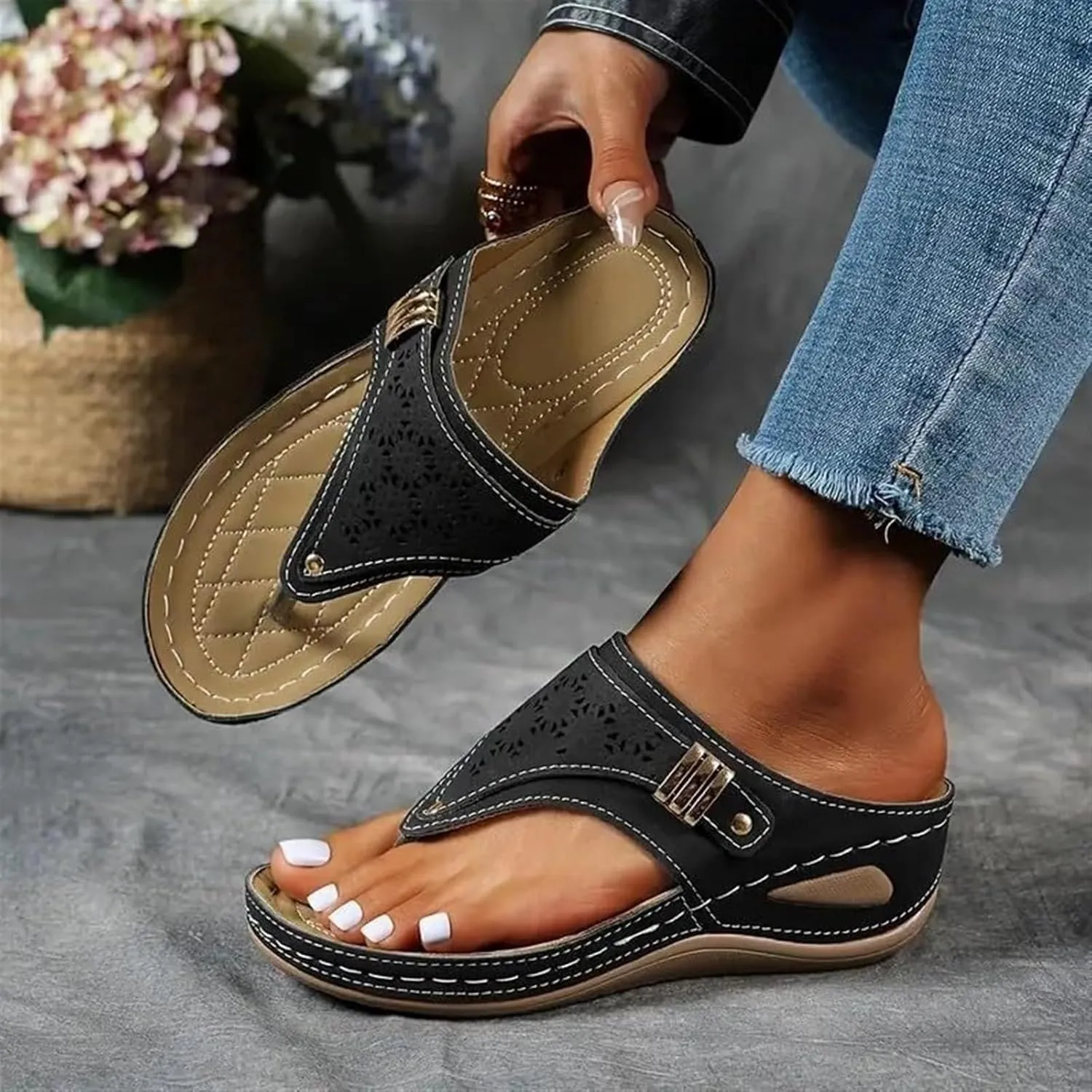 Womens Chunky Platform Wedge Flip Flops Orthopedic Casual Comfort Breathable Beach Slippers Open Toe Mesh Hollow Fashion Shoes Arch Support Slip on Sandals