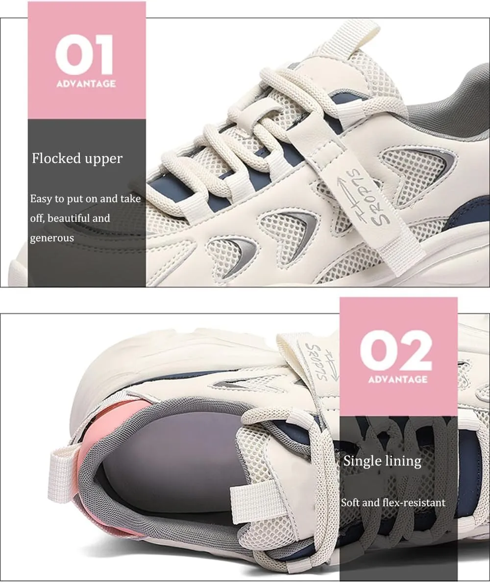Women's Chunky Sneakers - Casual Platform Fashion Shoes with Breathable Mesh, Thick Sole, Lightweight, and Stylish Lace-Up Design for Comfortable and Active Lifestyle,Pink-37