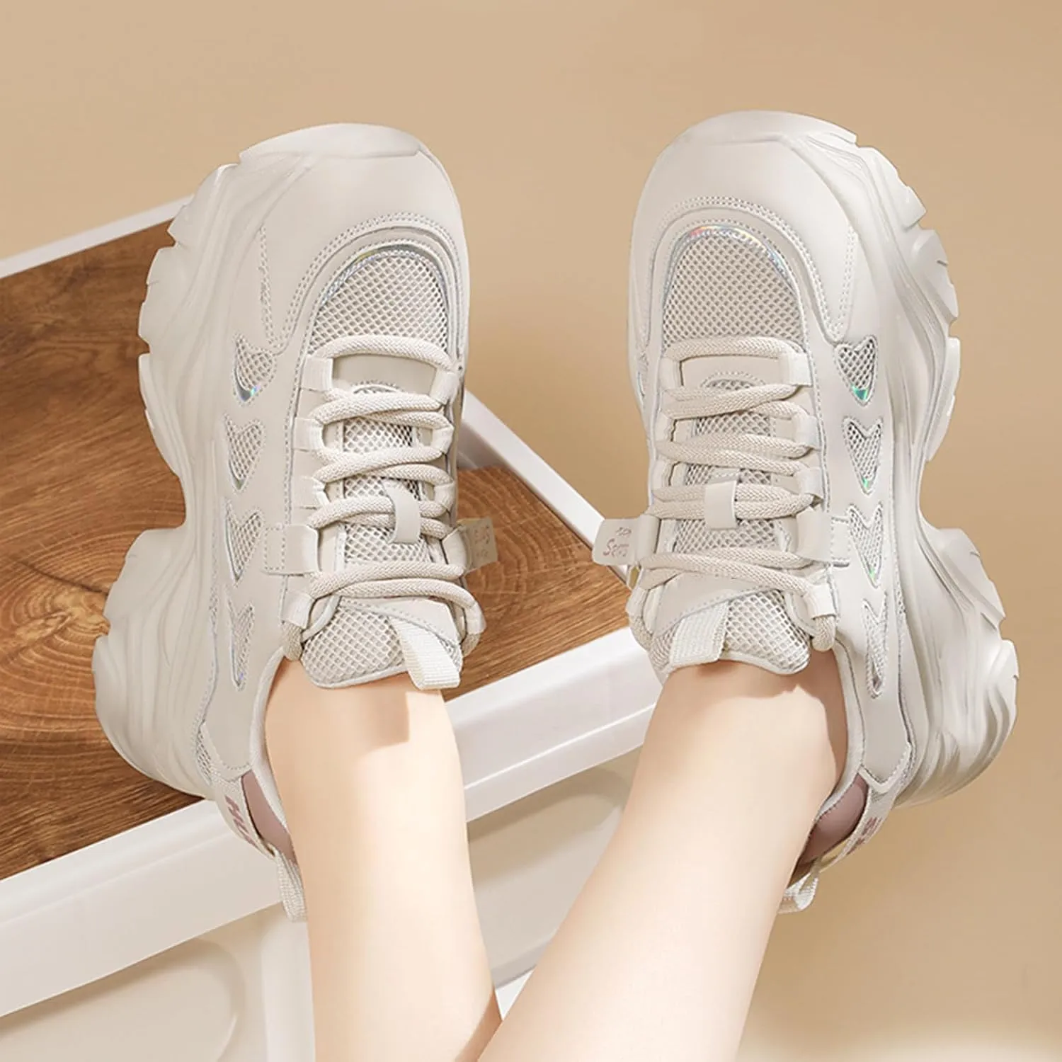 Women's Chunky Sneakers - Casual Platform Fashion Shoes with Breathable Mesh, Thick Sole, Lightweight, and Stylish Lace-Up Design for Comfortable and Active Lifestyle,Pink-37