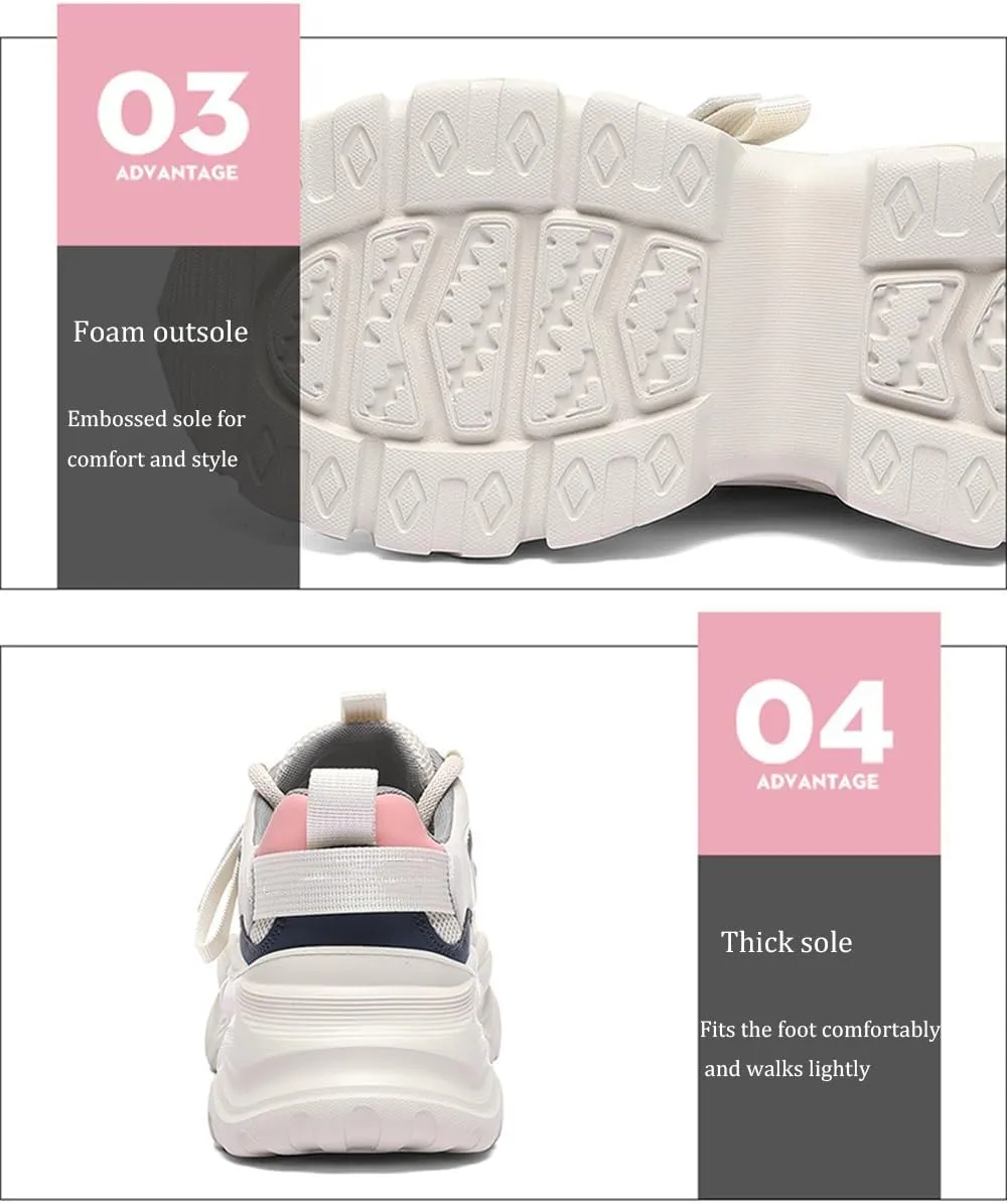 Women's Chunky Sneakers - Casual Platform Fashion Shoes with Breathable Mesh, Thick Sole, Lightweight, and Stylish Lace-Up Design for Comfortable and Active Lifestyle,Pink-37