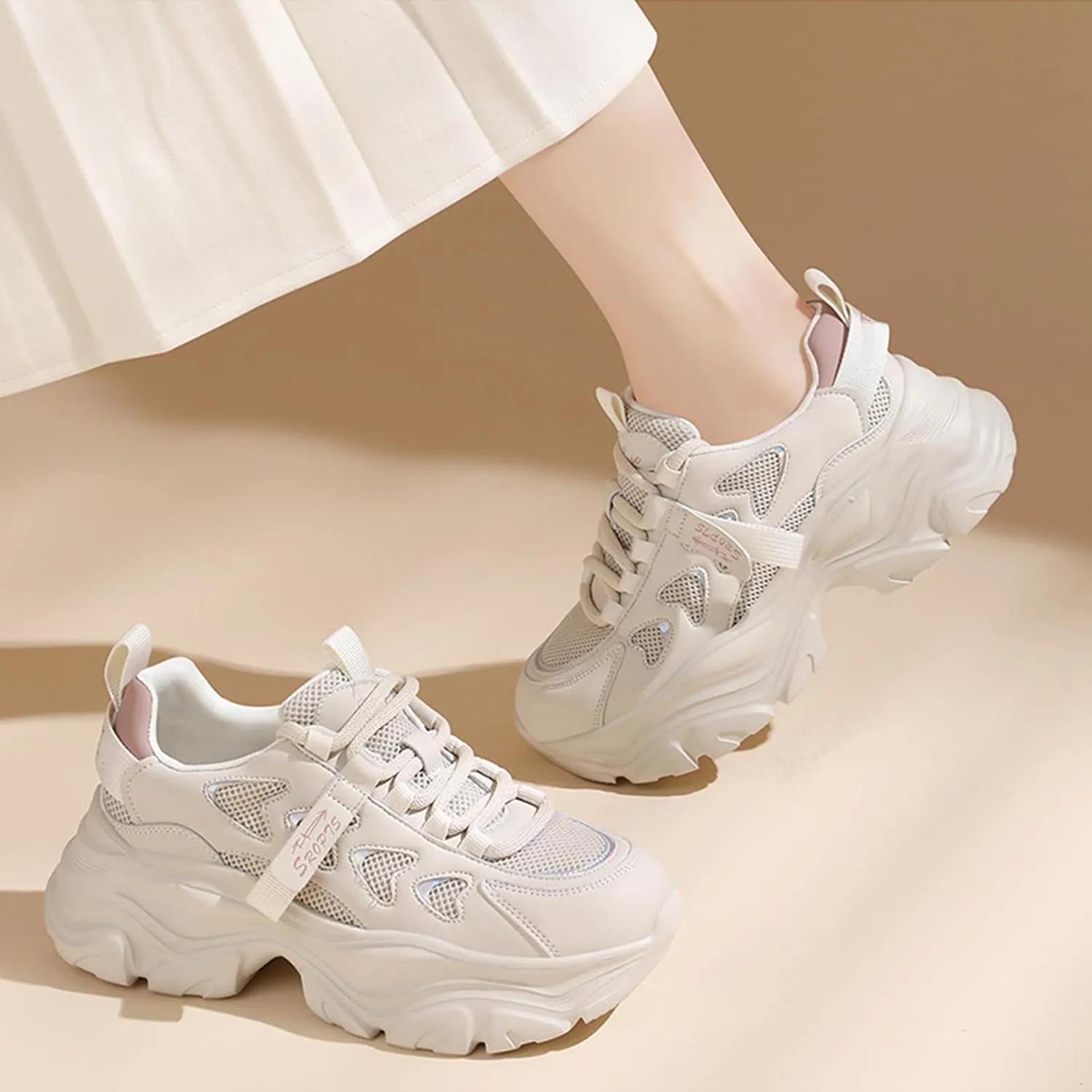 Women's Chunky Sneakers - Casual Platform Fashion Shoes with Breathable Mesh, Thick Sole, Lightweight, and Stylish Lace-Up Design for Comfortable and Active Lifestyle,Pink-37