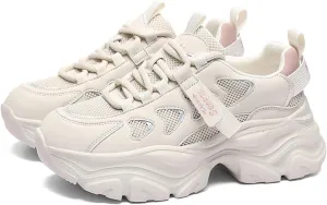 Women's Chunky Sneakers - Casual Platform Fashion Shoes with Breathable Mesh, Thick Sole, Lightweight, and Stylish Lace-Up Design for Comfortable and Active Lifestyle,Pink-37