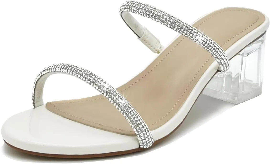 Women's Clear Block Heels Sparkly Strappy Slip On Dressy Sandals