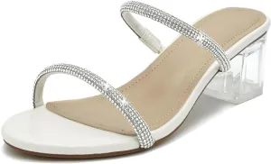 Women's Clear Block Heels Sparkly Strappy Slip On Dressy Sandals