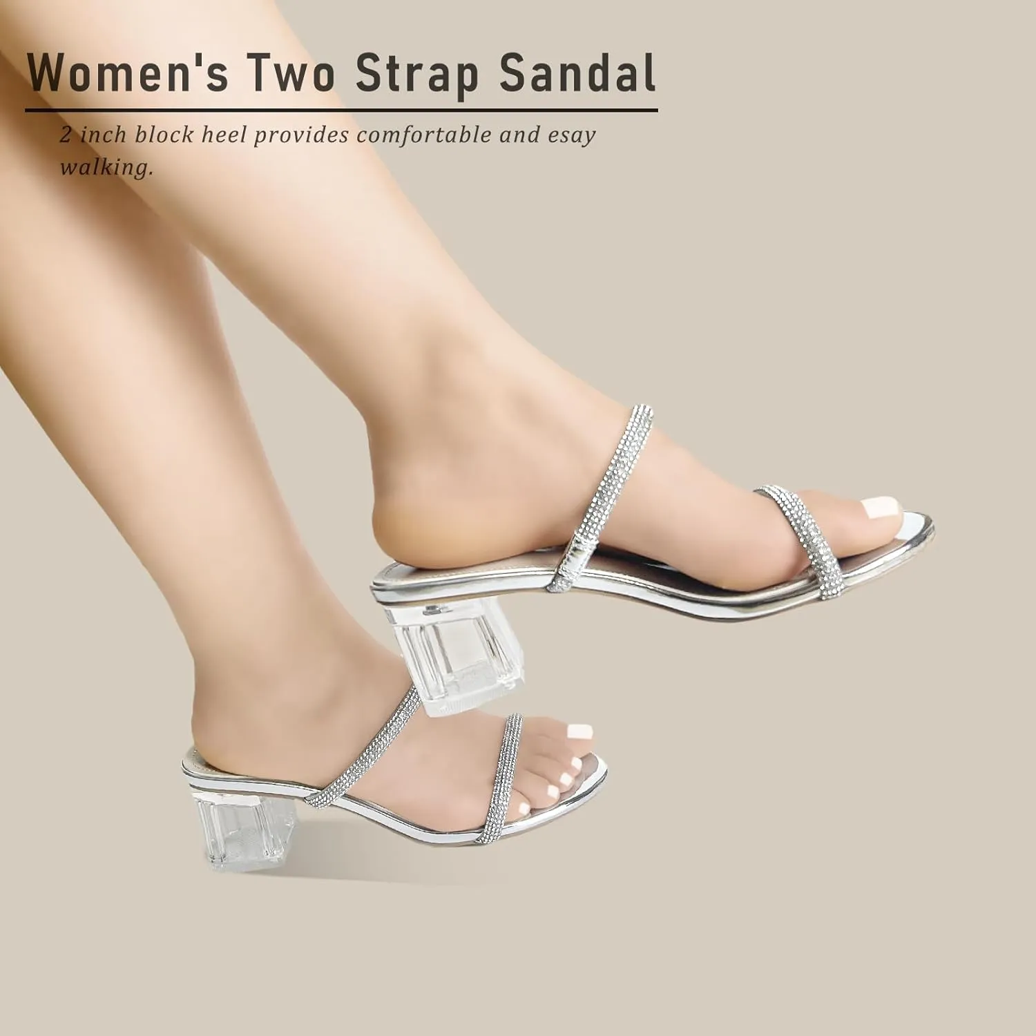 Women's Clear Block Heels Sparkly Strappy Slip On Dressy Sandals