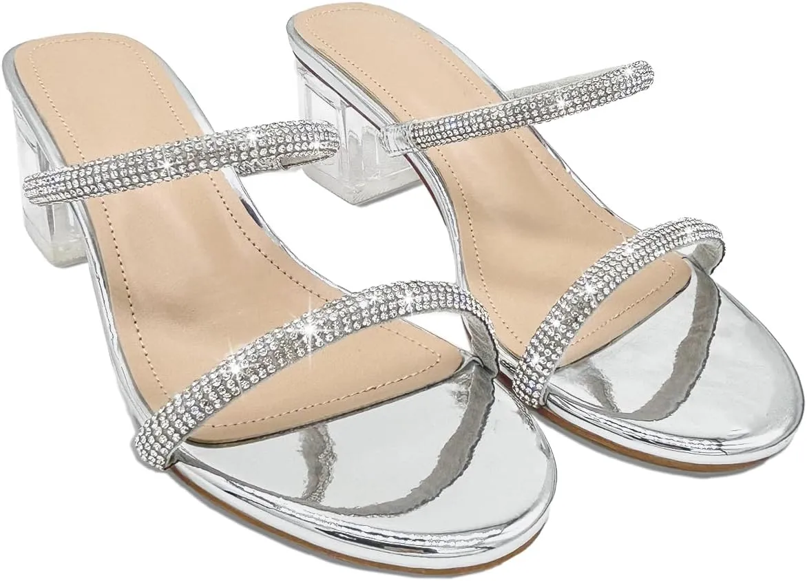 Women's Clear Block Heels Sparkly Strappy Slip On Dressy Sandals