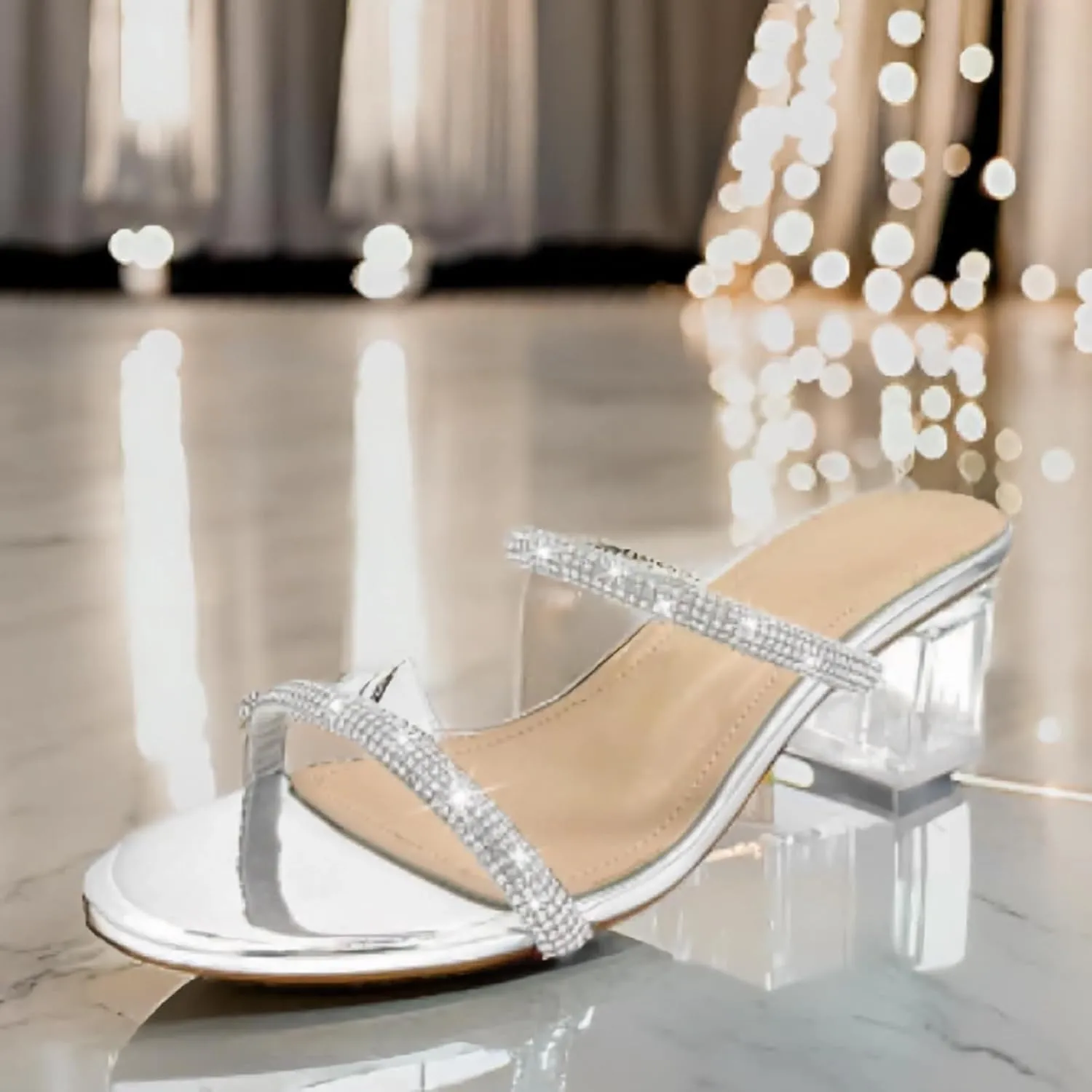 Women's Clear Block Heels Sparkly Strappy Slip On Dressy Sandals