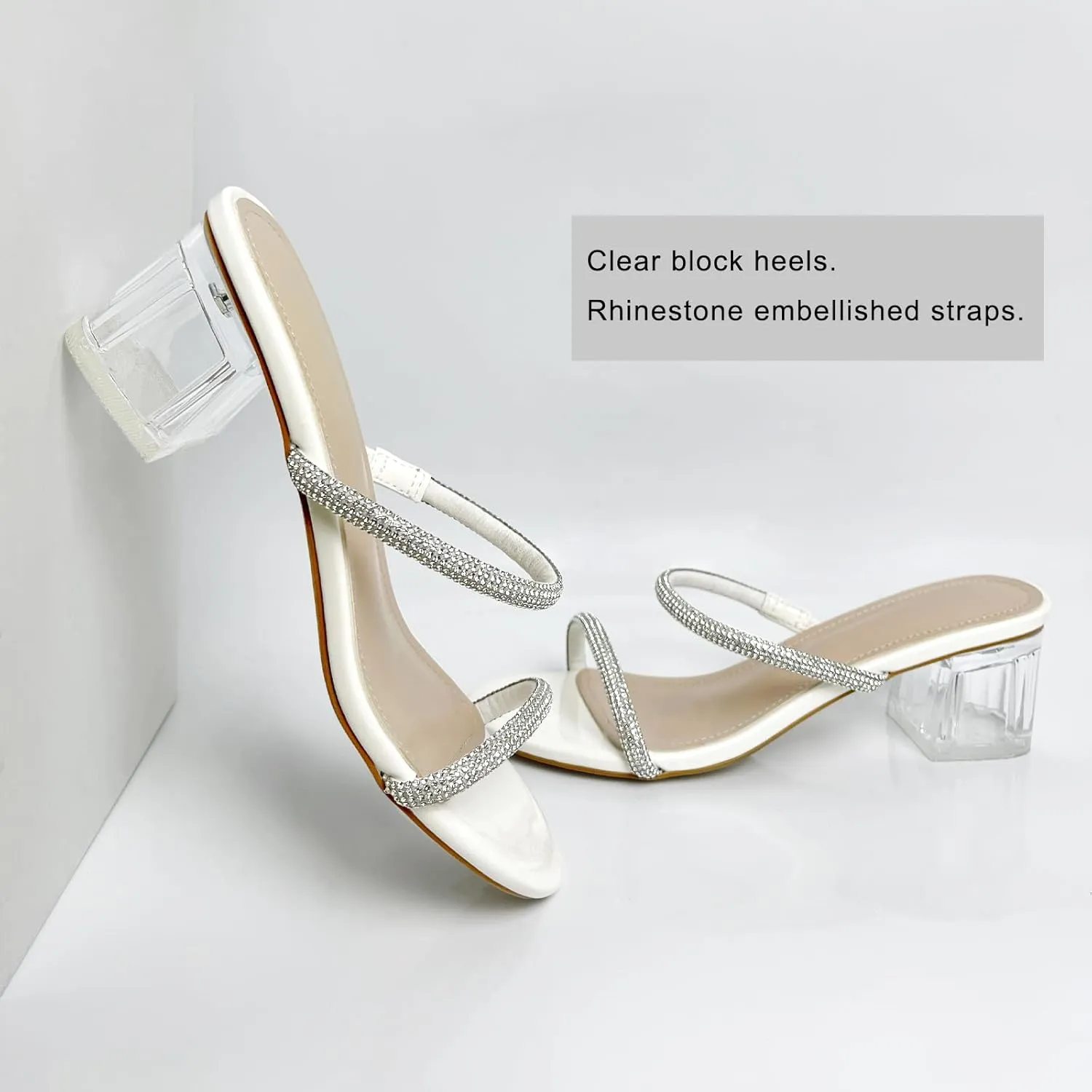 Women's Clear Block Heels Sparkly Strappy Slip On Dressy Sandals