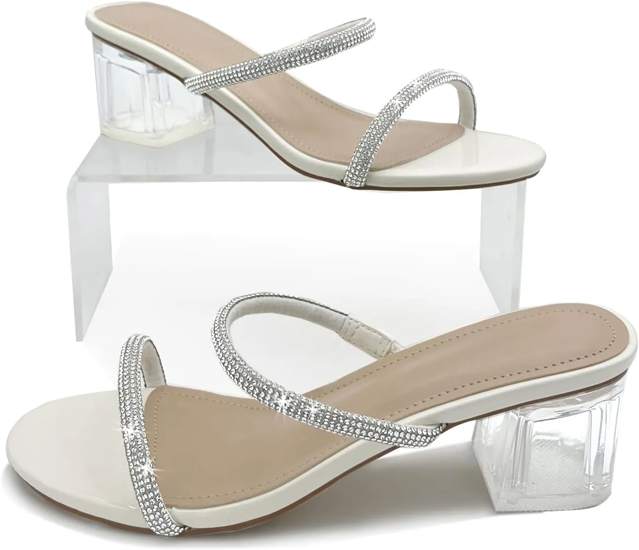 Women's Clear Block Heels Sparkly Strappy Slip On Dressy Sandals