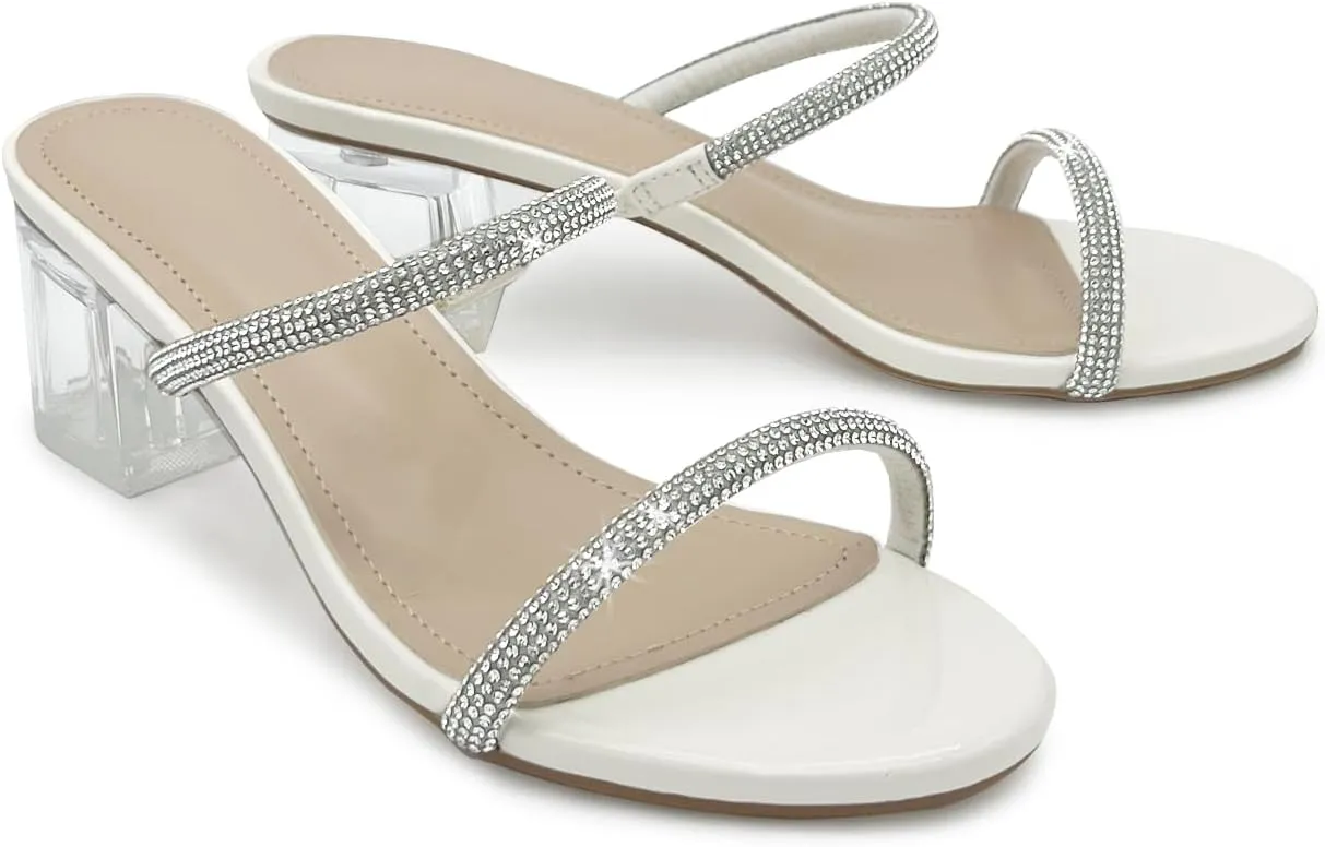 Women's Clear Block Heels Sparkly Strappy Slip On Dressy Sandals